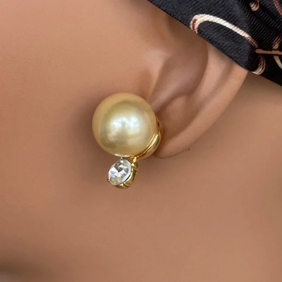 Vintage Kenneth Jay Lane Faux Pearl Post Earrings: 1970s Crystal Accent - Picture 5 of 6